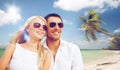 Happy couple in sunglasses at maldives beach Royalty Free Stock Photo