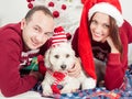 Happy couple with dog, all in Christmas clothes sitting near Christmas tree Royalty Free Stock Photo