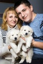 Happy Couple With Swiss Shepherd Puppy Royalty Free Stock Photo