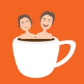 Happy couple taking bath in onsen hot coffee cup