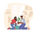 Happy Couple Taking Care of Home Plants. Male and Female Characters Enjoying Gardening Growing Houseplants