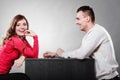 Happy couple talking on date. Conversation. Royalty Free Stock Photo