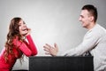 Happy couple talking on date. Conversation. Royalty Free Stock Photo