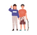 Happy couple of teen boy and girl. Portrait of trendy teenagers. Modern smiling pair standing together. Colored flat