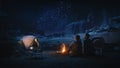Happy Couple Tent Camping in the Canyon, Sitting by Campfire Watching Night Sky with Milky Way Full