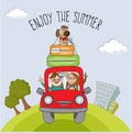 Happy couple with their dog traveling with funny red car. Summer holiday poster Royalty Free Stock Photo