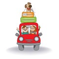 Happy couple with their dog traveling with funny red car. Summer holiday poster Royalty Free Stock Photo