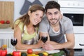 happy couple toasting with wine in kitchen Royalty Free Stock Photo