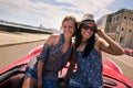 Happy Couple Tourist Girls On Vintage Car Havana Cuba Royalty Free Stock Photo