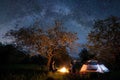 Happy couple tourists sitting at a campfire near tent under trees and beautiful night sky full of stars and milky way Royalty Free Stock Photo