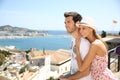Happy couple of tourists travelling in ibiza island Royalty Free Stock Photo