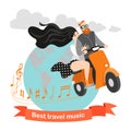 Happy couple travel with music. Cartoon characters