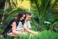 Happy couple traveling at Bali, rice terraces of Tegalalang, Ubud Royalty Free Stock Photo
