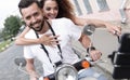 Happy couple traveling on motorcycle.Travel concept Royalty Free Stock Photo