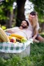 Happy couple on vacation. Lovers enjoy each other in the park, picnic Royalty Free Stock Photo