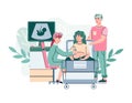 Happy couple visit perinatal center for ultrasound test flat vector illustration.