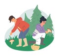 Happy couple walking in forest picking mushrooms, flat vector illustration. Mushroom hunting hobby.