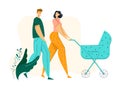 Happy Couple Walking in Park with Pram. Family Walk with Baby Stroller and Newborn. Mother and Father Characters