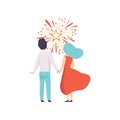 Happy couple watching explosion of colourful salutes in the sky, people celebrating holiday with fireworks vector