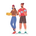 Happy Couple Wearing Sports Clothes and Sneakers Visiting Gym. Woman Holding Mat Touch Man with Dumbbell