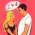 Happy couple, young woman and man looking to each other, I love you text. Vector Valentine`s day illustration.