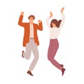 Happy couple of young man and woman dancing and jumping from joy. People celebrating success. Successful students or