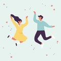 Happy couple of young people are jumping. Young people are celebrating together. Vector illustration in a flat style Royalty Free Stock Photo