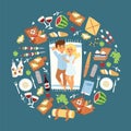 Happy couple of young people on picnic. Trip to nature together. Vector illustration with picnic items, sandwiches juice
