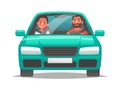 Happy couple of young people rides a car. A man driving a vehicle and a woman sitting in the passenger seat. A fun car trip Royalty Free Stock Photo