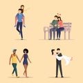 Happy couples flat vector illustrations set. Men and women in love bonding together cartoon characters pack. Girlfriends