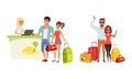 Happy Couples Going on Summer Vacation Set, Young Man and Woman with Travel Bags, Tourist Couple at Hotel Reception Desk Royalty Free Stock Photo