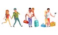 Happy Couples Going on Summer Vacation Set, Young Tourist Men and Women Traveling with Suitcases and Backpacks Vector