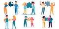 Happy couples holding a puzzle vector graphics illustration