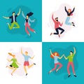 Happy couples jumping in different poses. Collection of cartoon women and men in flat design.