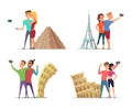 Happy couples make selfie near landmarks. Vector characters in cartoon style Royalty Free Stock Photo