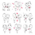 Happy couples sketch. Valentines day characters loving together teens mascot with big hearts vector set