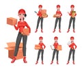 Happy courier woman, set of seven poses