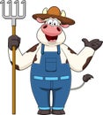 Happy Cow Farmer Cartoon Character Holding A Rake Royalty Free Stock Photo