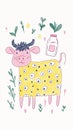 Happy Cow Illustration, hand drawn, funny. vertical Royalty Free Stock Photo