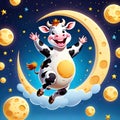 Happy cow jump crescent moon funny scene galaxy moons sky