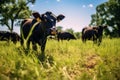 Healthy calf of black hue on green grass in blurred farm yard background. AI generated.