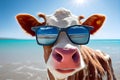 Happy cow wears sunglasses ocean background, AI Generative