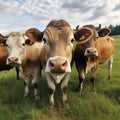 happy cows on eco farm, natural food, close up, Generative AI