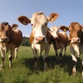 happy cows on eco farm, natural food, close up, Generative AI