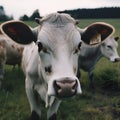 happy cows on eco farm, organic food, close up, generative ai