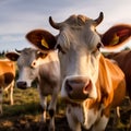 happy cows on eco farm, eco farm in sunshine, close up, generative ai