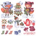 Happy Cozy Holidays. Set of watercolor illustrations