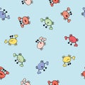 Happy crab vector seamless pattern background. Multicolor cartoon crustacean in ocean backdrop. Marine wildlife kawaii