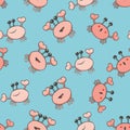 Happy crab vector seamless pattern background. Pink cartoon crustacean on ocean blue backdrop. Marine wildlife kawaii