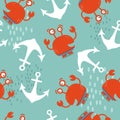 Happy crabs, sea anchors, colorful seamless pattern. Decorative cute background, sea